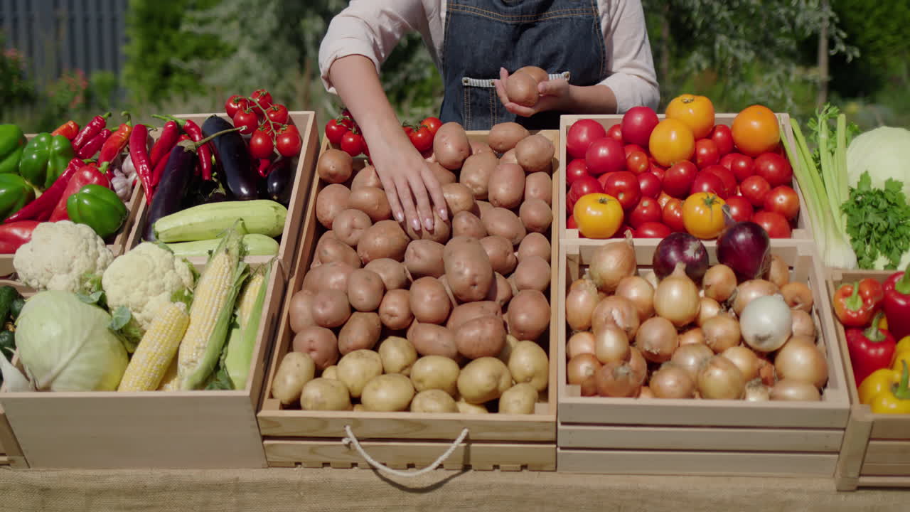 농부의 손은 카운터에 채소를 놓습니다. 농부 시장에서 무역