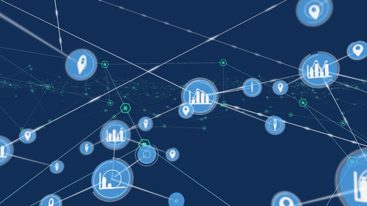 Animation of network of connections with media icons on blue background