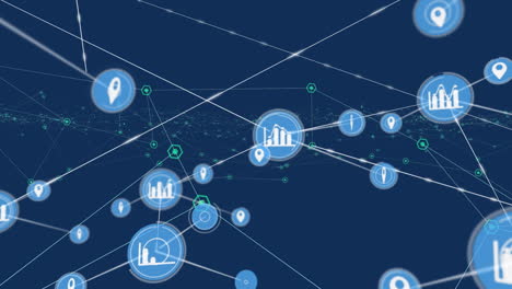 animation of network of connections with media icons on blue background