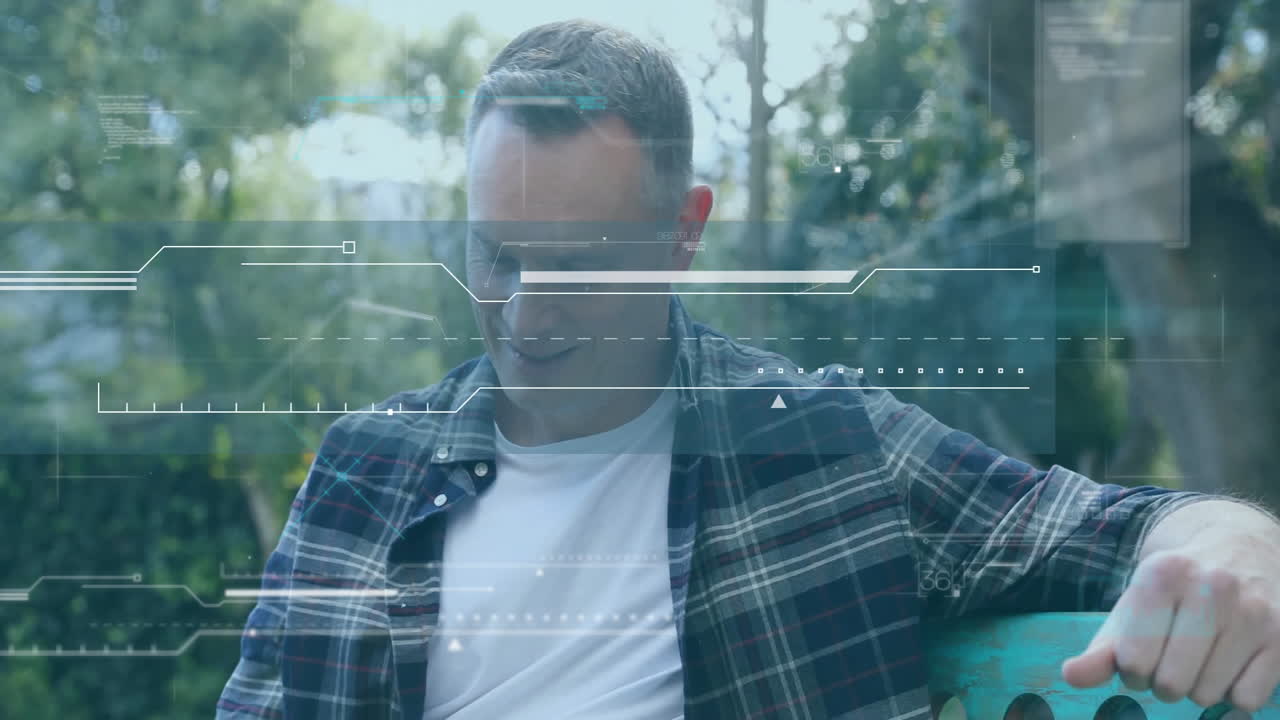 Using smartphone outdoors, man interacting with digital interface overlay animation
