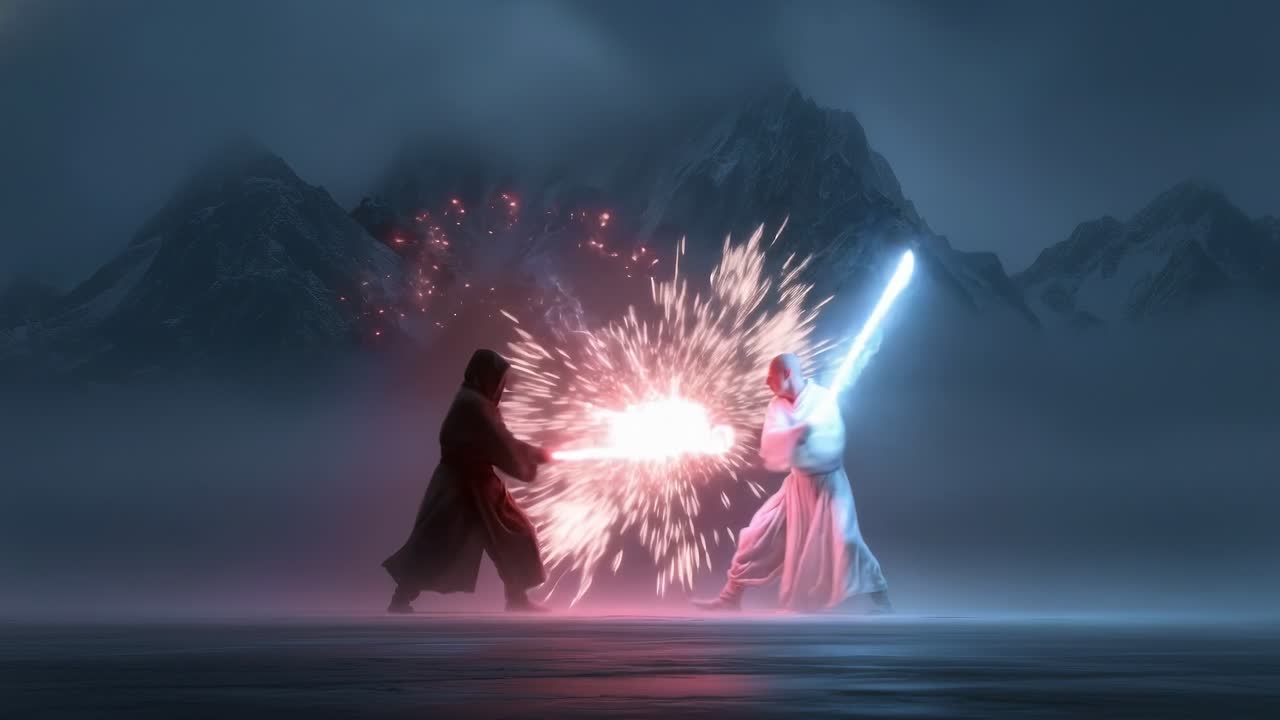 Clad combat on icy lake glowing blades clash amid icy landscape with mist and sparks two cloaked