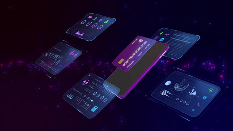 animation of data processing with credit card and smartphone over light spots on black background