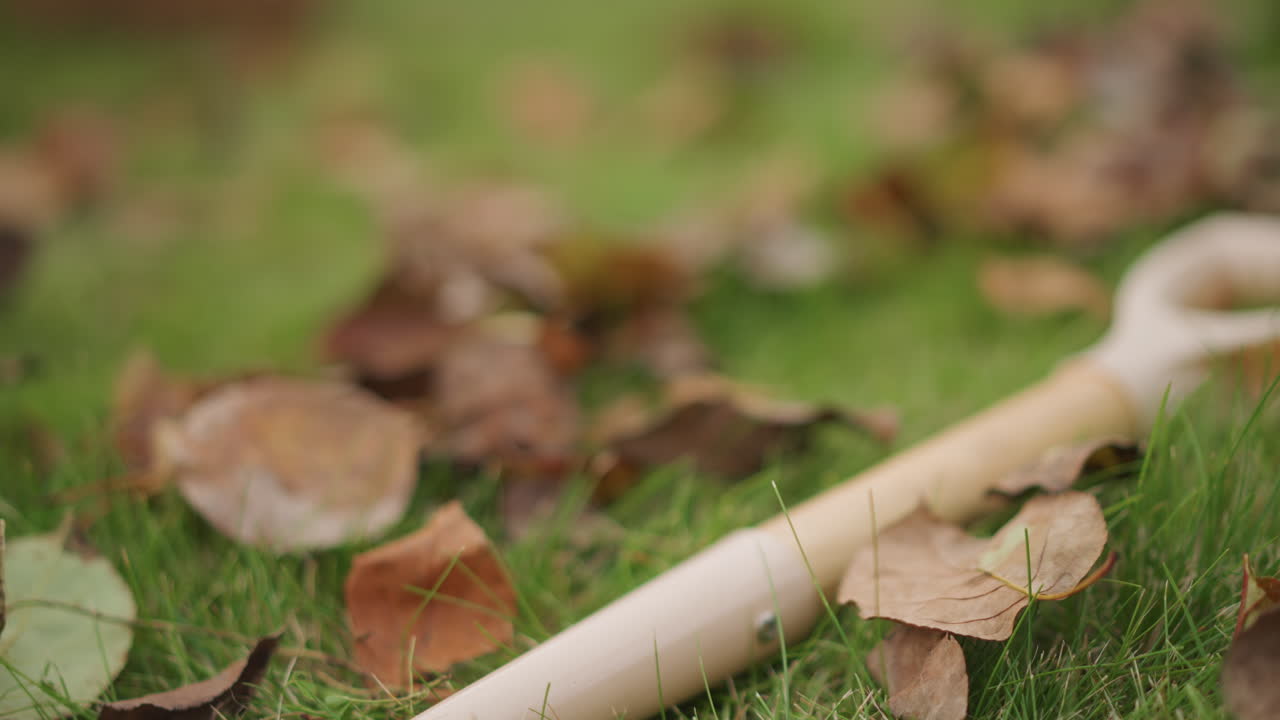 Pala appoggiata sull'erba verde, macro a fuoco selettivo del bordo della pala con foglie cadute, luce del tardo pomeriggio e morbido bokeh, giardiniere che ha finito il lavoro lasciando l'attrezzo nel cortile, scena di un orto comunitario.