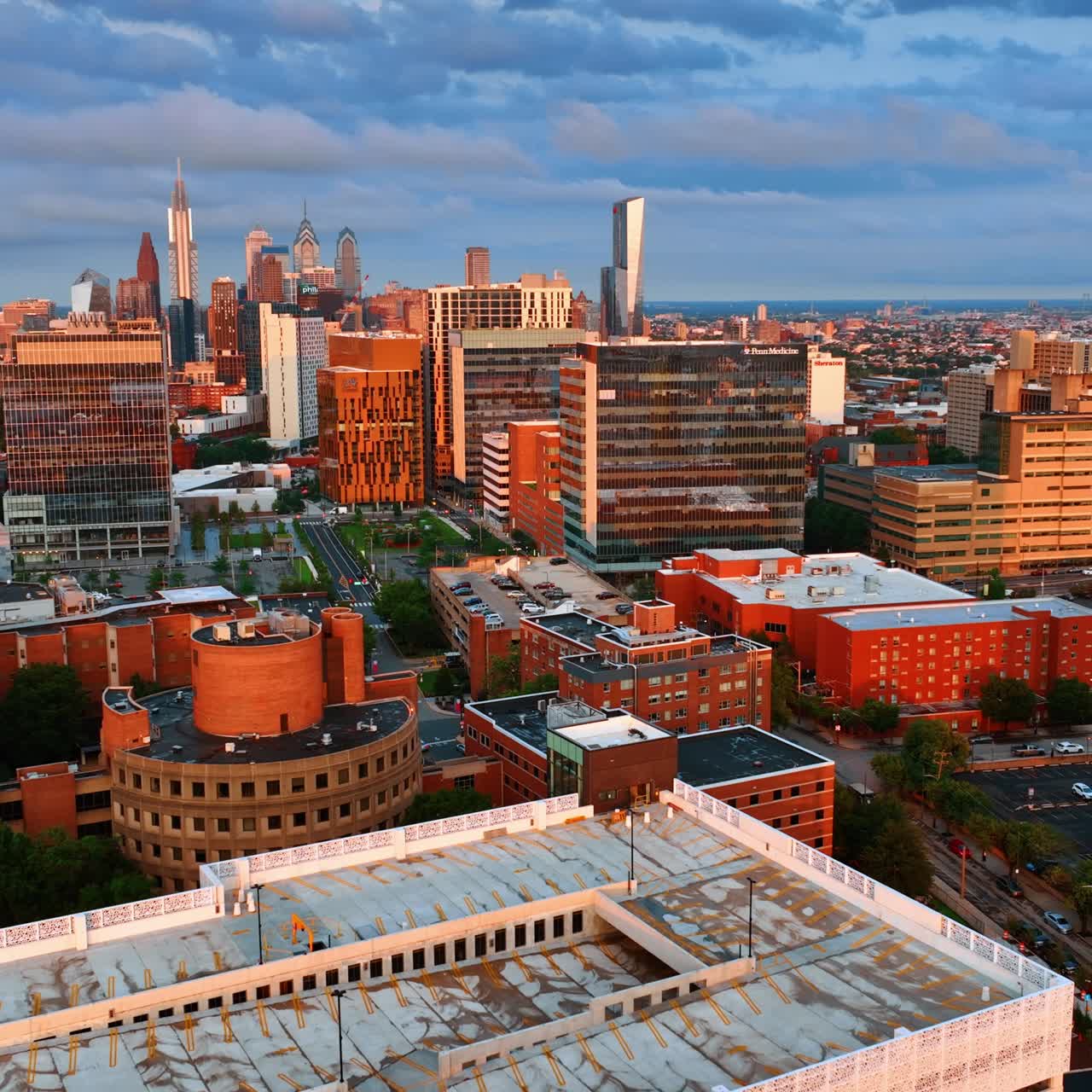 Beautiful diverse architecture in the downtown of Philadelphia, USA. Gorgeous buildings in the light of setting sun