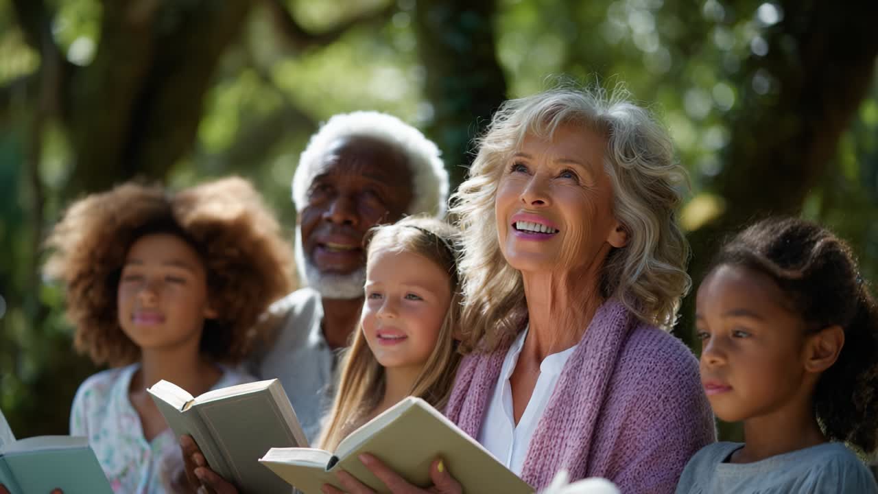 Diverse Group of People Reading and Singing Together Outdoors