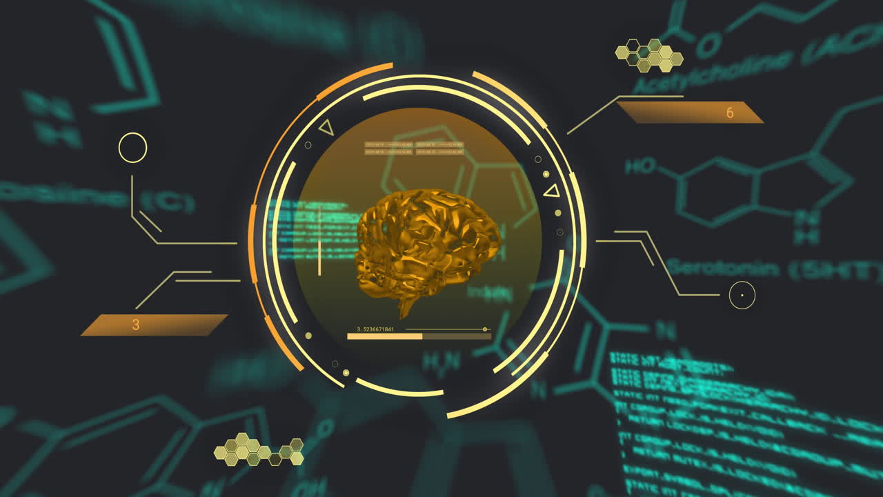 Animation of data processing and brain on gray background