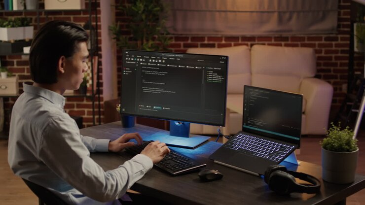 Man coding on computer at desk