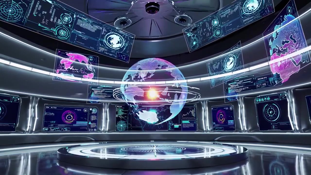 Sala di controllo futuristica con globo olografico e display di dati interattivi
