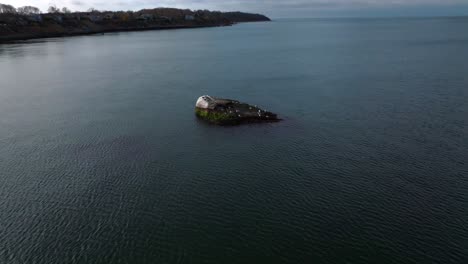 an aerial view over the calm waters of the long island sound off long island, new york