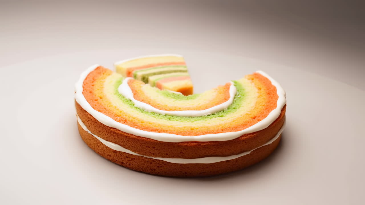 Colorful Layered Cake Slices Arranged Neatly, Closeup Studio Shot With Soft Warm Lighting, Alternating Orange