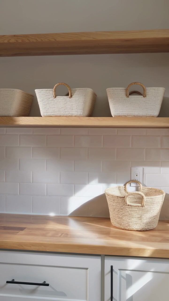 Video verticale: Cesto intrecciato appoggiato sul bancone della cucina sotto una mensola di legno, con la luce del sole che si sposta.