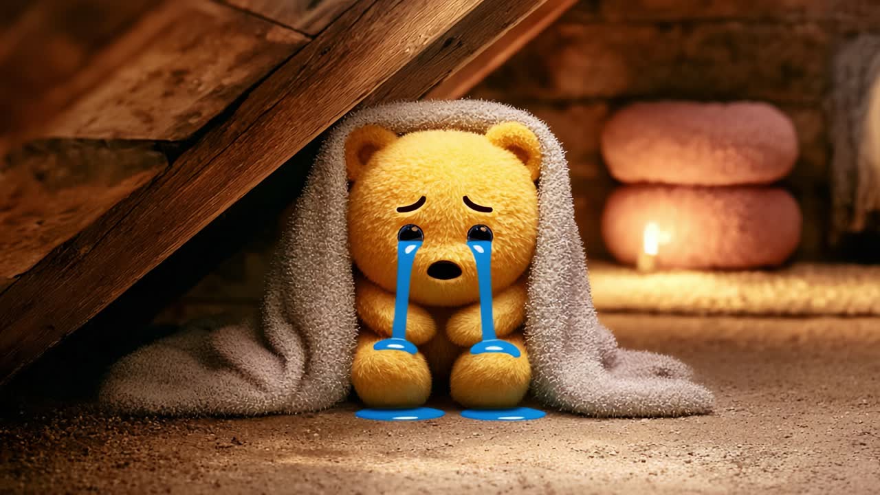 A Heartfelt Scene of a Plush Toy Bear Seated Under a Blanket, Expressing Sadness with Teardrops, Capturing Vulnerability and Emotions in a Cozy Attic Corner