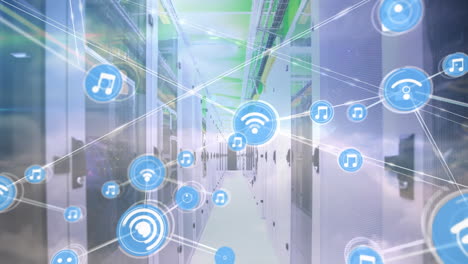 animation of network of connections with icons over server room