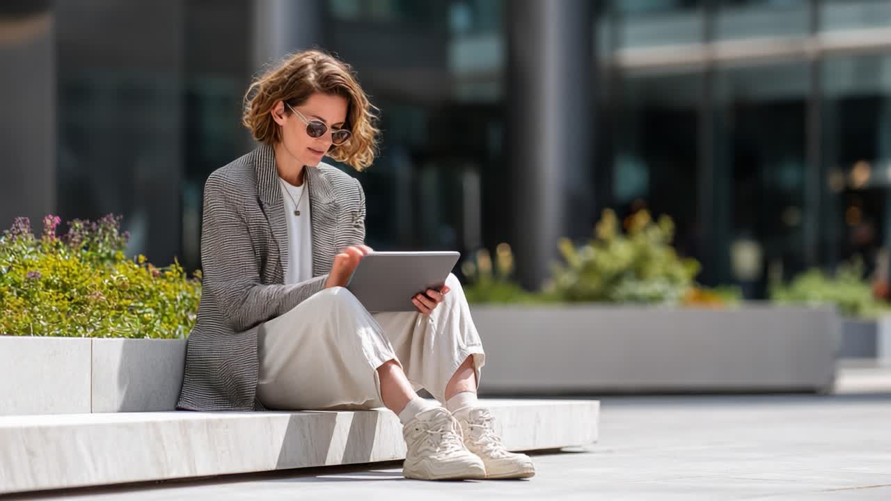 A Young Woman Dressed in Stylish Attire Engages with Her Tablet Outside in a Modern Urban Setting, Capturing a Moment of Focus and Style