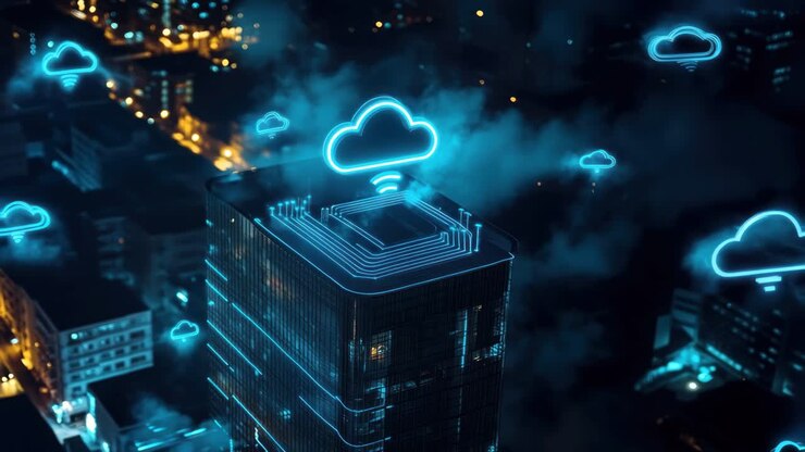 Aerial view of a cityscape at night with glowing cloud icons, illustrating digital connectivity