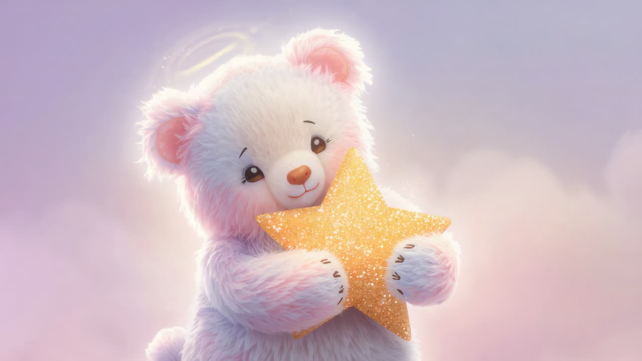 Camera zooming on pastel clouds, plush bear tilting head and lowering gold star revealing glitter