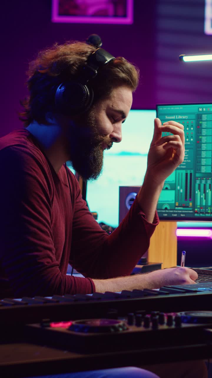 Bearded Man Concentrating on Music Production in Home Studio