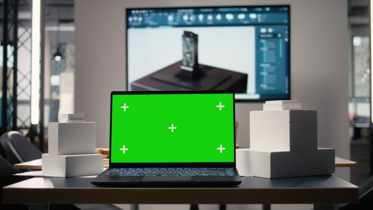 Empty architectural office designed for real estate with a green screen on pc
