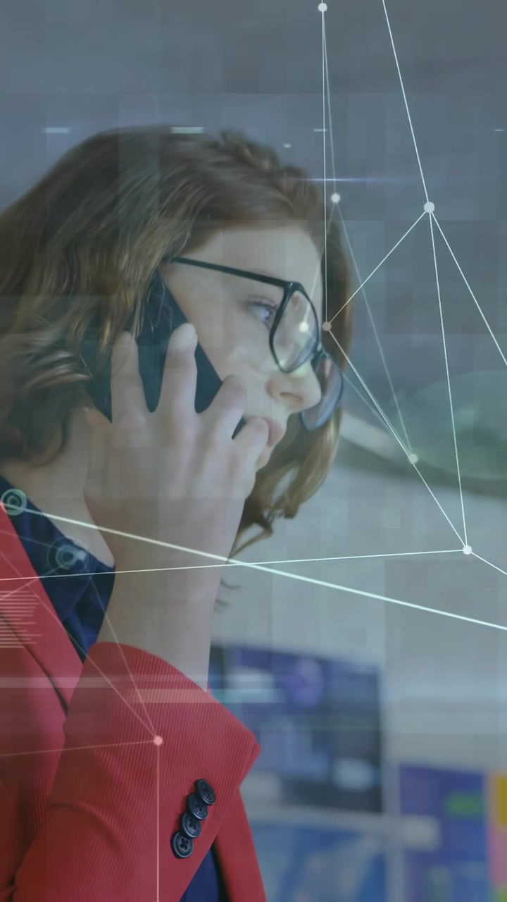 Vertical video: Woman answering phone after hand gesture, animated HUD highlighting tech briefing