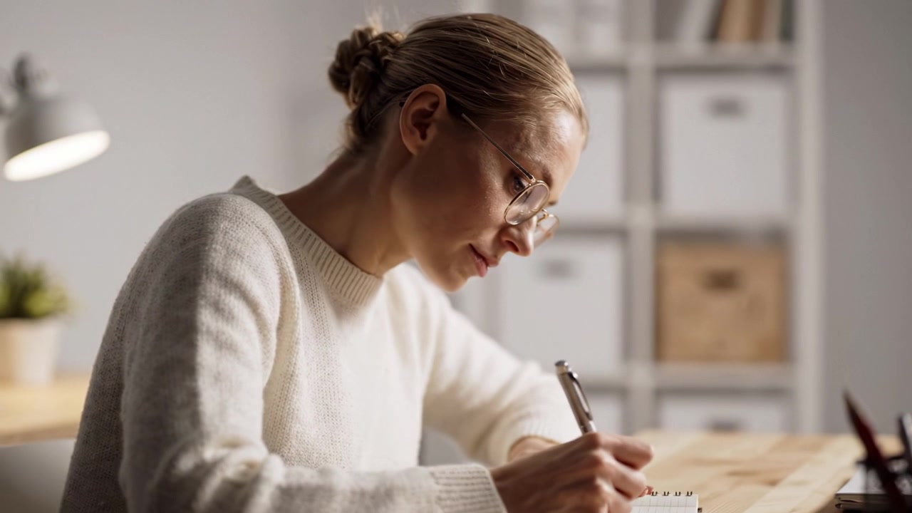 Focused Individual Writing in a Notebook in a Cozy Workspace, Capturing Creativity and Thoughtfulness in a Softly Lit Environment