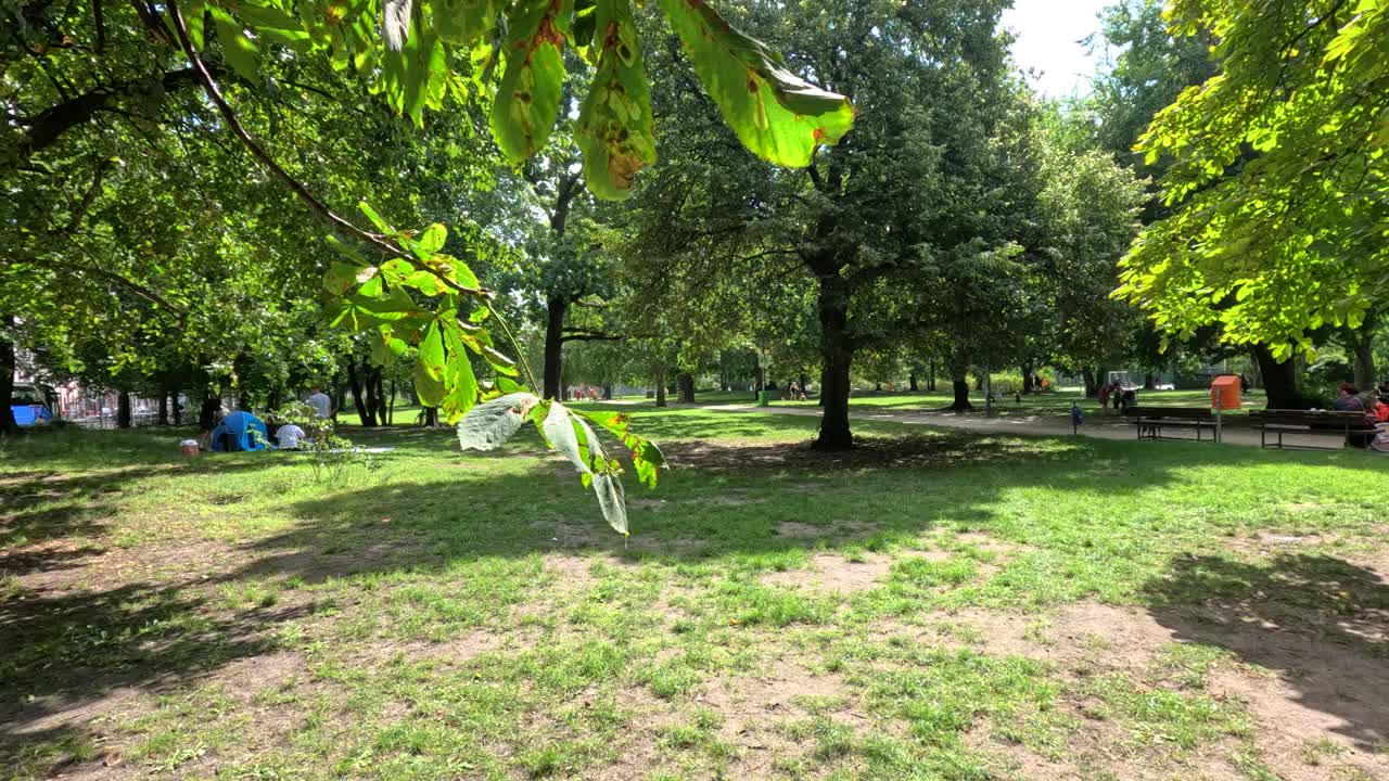 Wide-angle camera slowly pans across a sunlit park in Berlin, highlighting green trees, open grassy areas, and scattered park visitors under natural daylight
