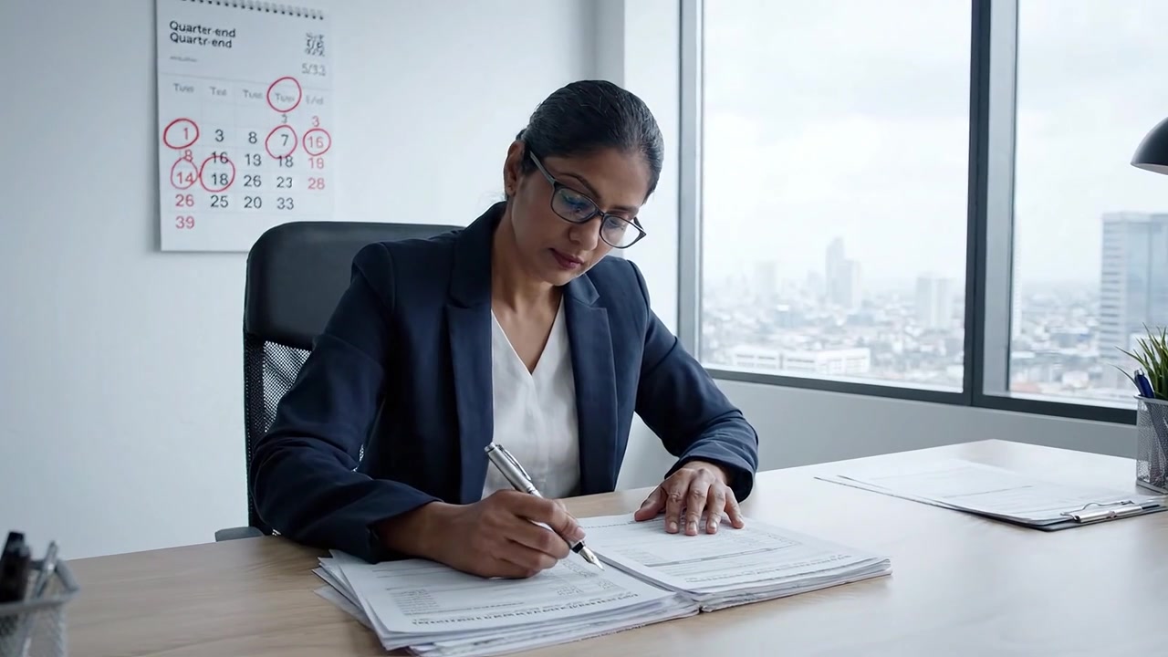 Focused Business Professional Reviewing Important Documents in a Modern Office with a City View in the Background