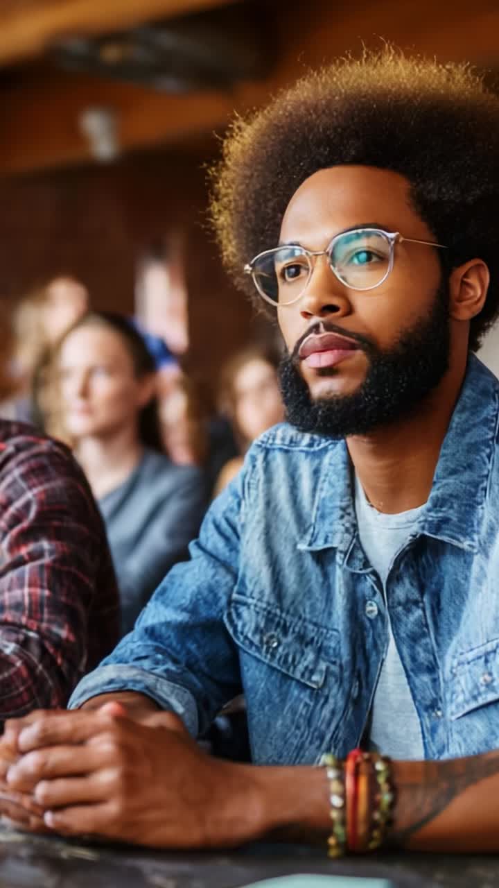 Focused Individual in a Group Setting: A Man with Glasses and Natural Hair Engages Thoughtfully in a Meeting or Discussion Among Peers at a Collaborative Event