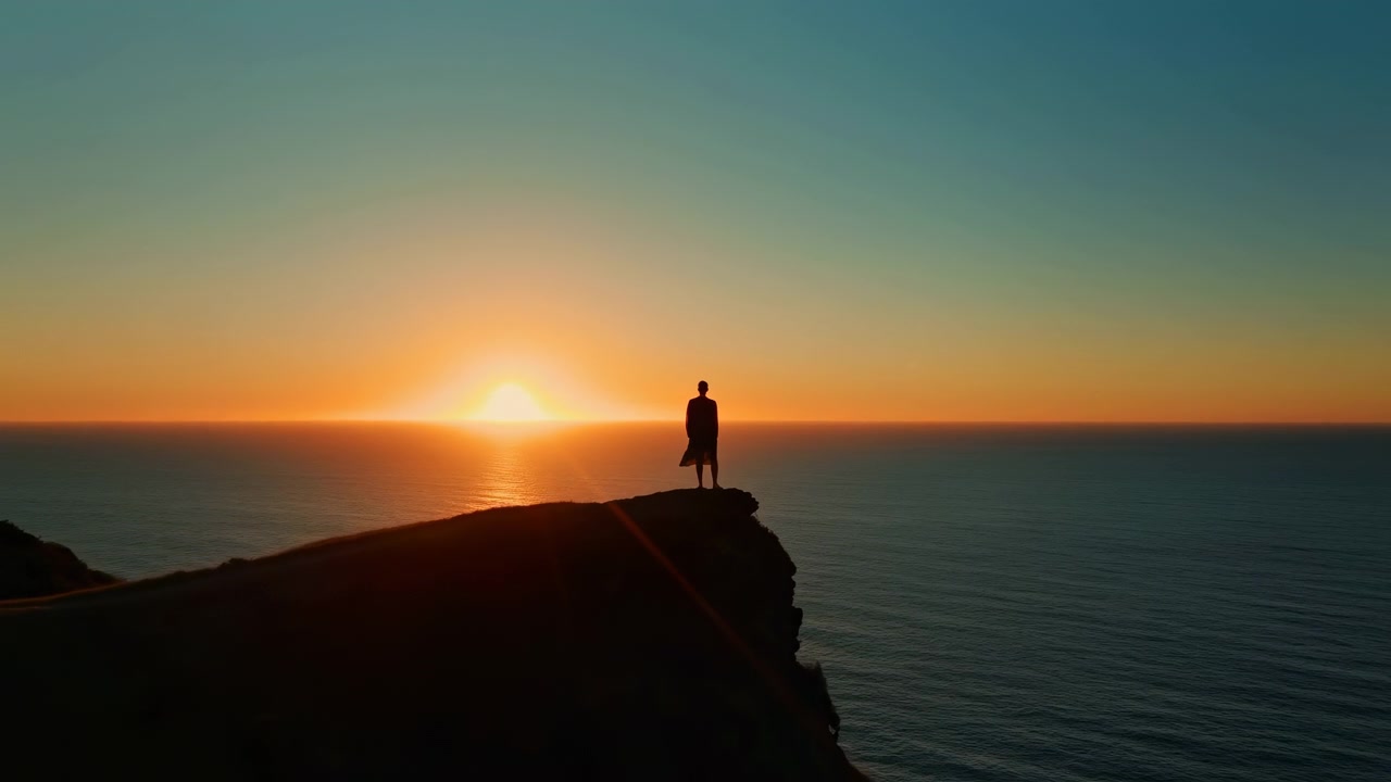 Lone silhouetted figure stands on cliff crest facing low setting sun above calm ocean, with warm backlight, reflective horizon, wide sky, rugged shoreline, and serene coastal atmosphere