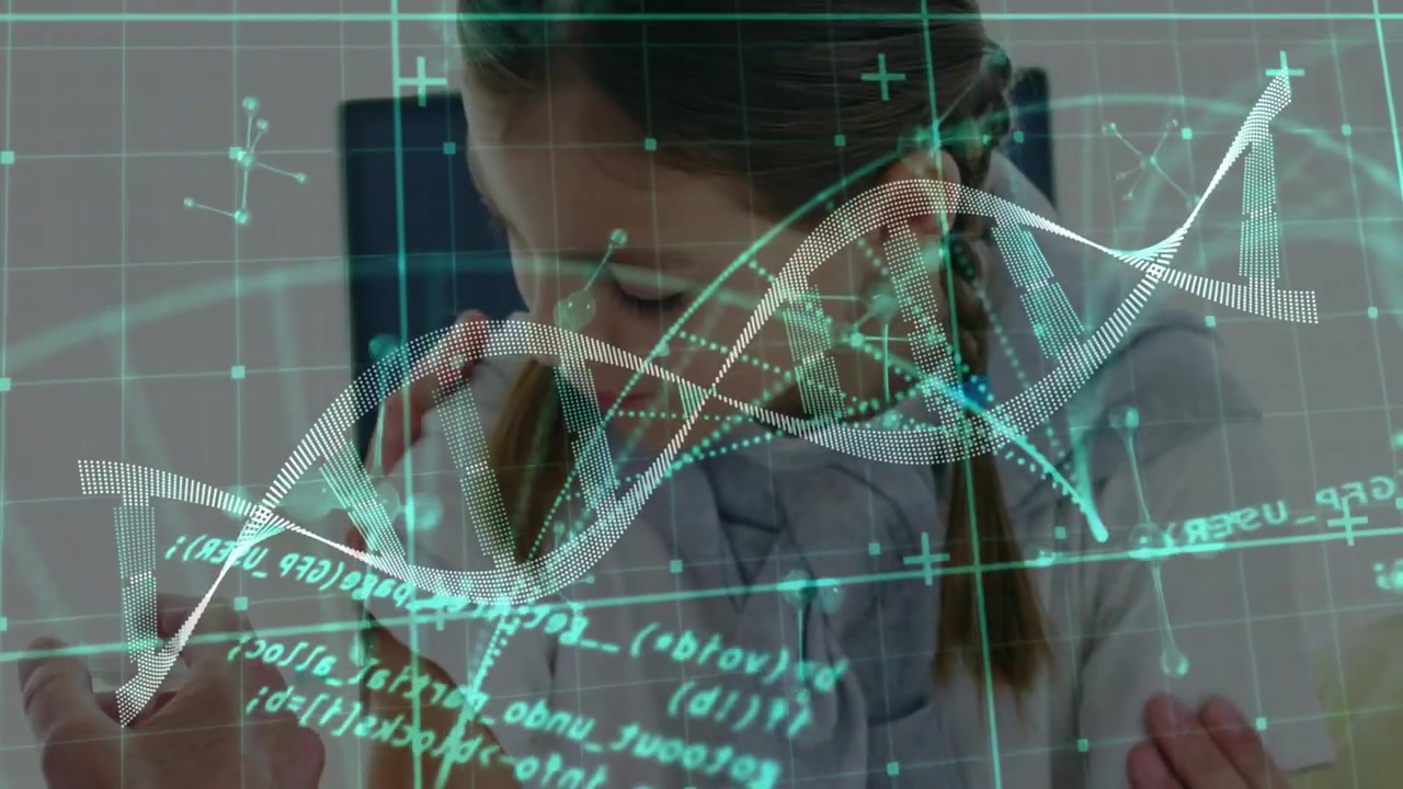 Child sniffing cup in clinic, dad urging, clinician guiding, teal DNA helix overlay covering frame