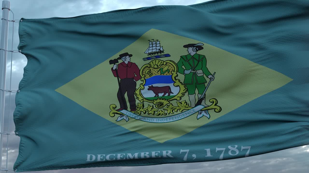 미국과 델라웨어의 혼합 발이 바람에 흔들리고 있습니다. 델라웨이와 미국 발은 발 기둥에 있습니다.