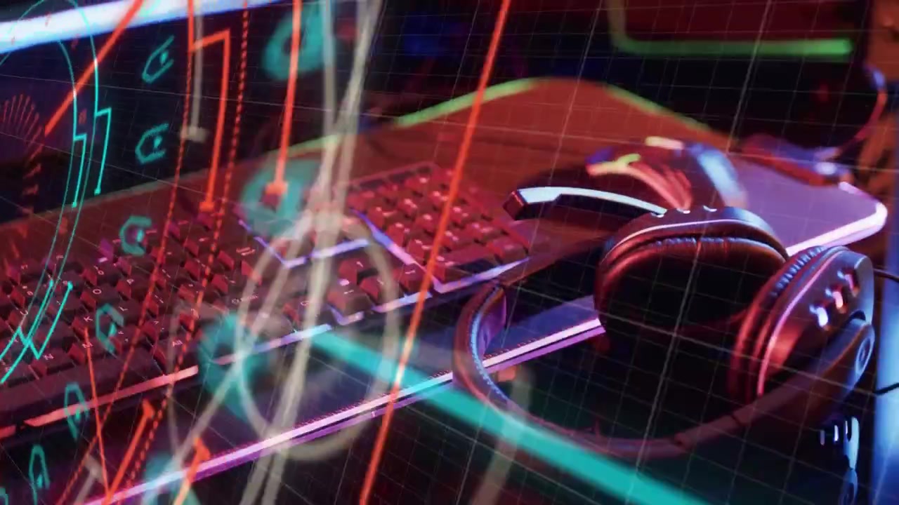 On startup neon HUD overlays sweeping across keyboard, mouse, headphones, revealing RGB glow