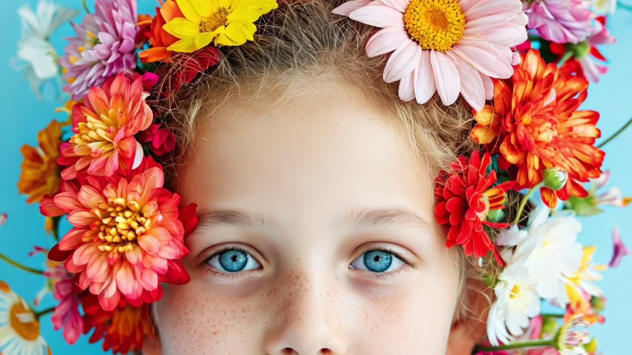 Close up portrait of a beautiful smiling Caucasian girl with blue eyes and freckles wearing a colorful flower wreath on a light blue background