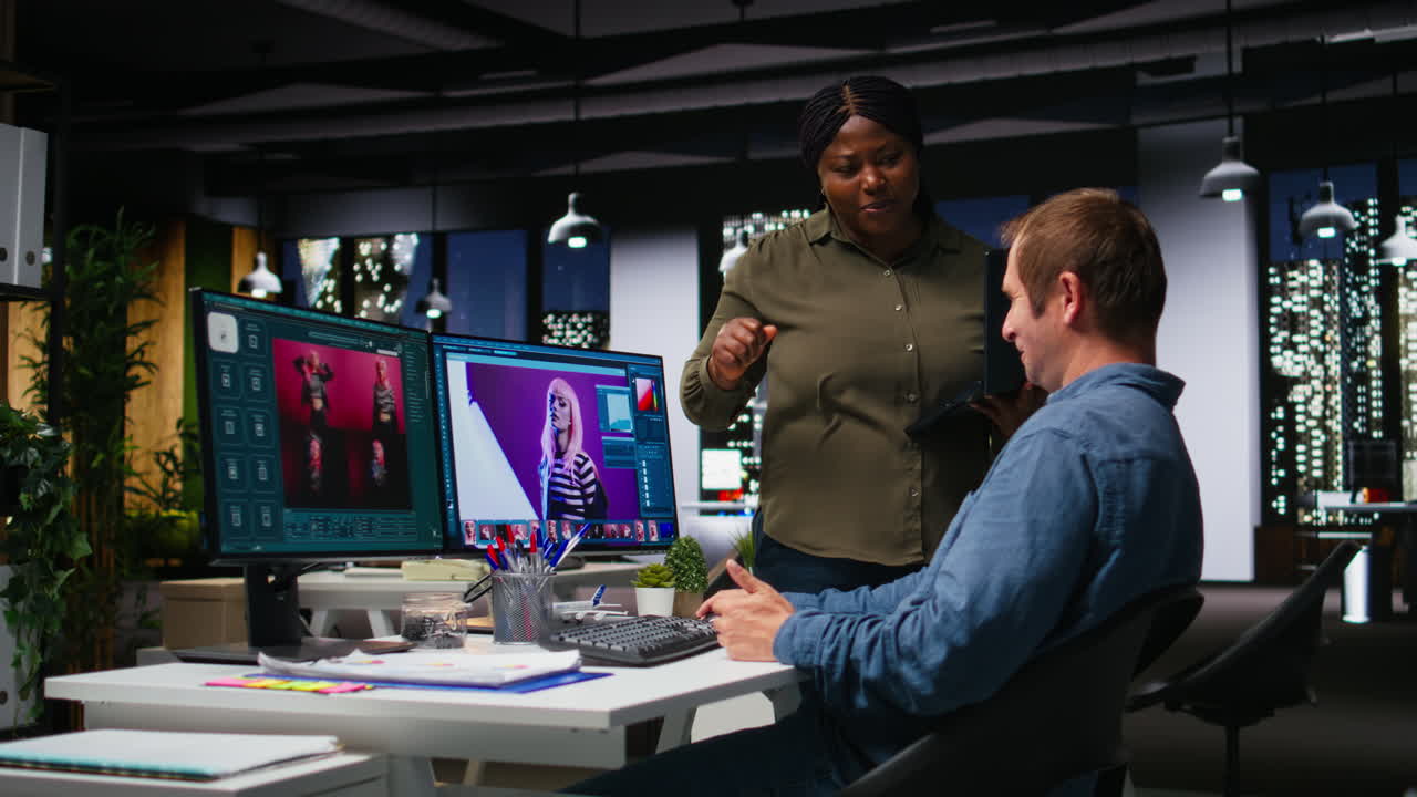 Media editing team retouching AI generated photos for new web content