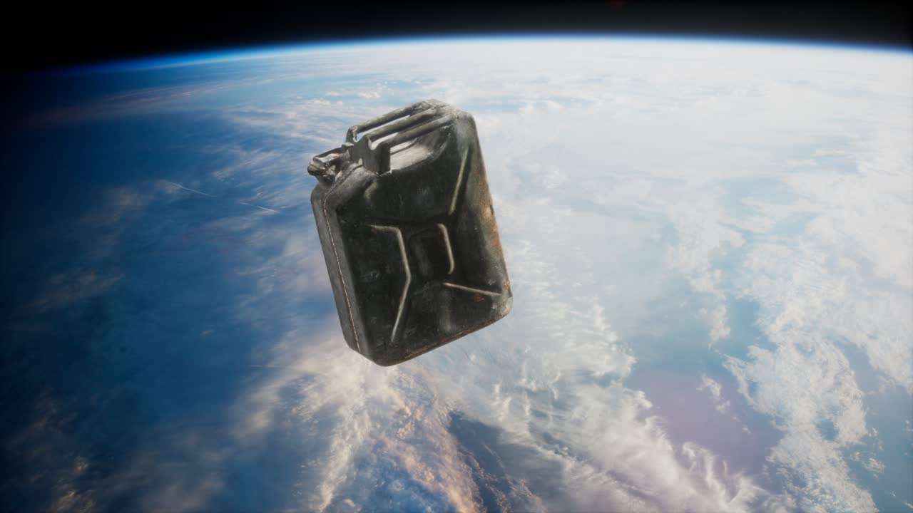 metal vintage y jerrycan sucio en órbita terrestre