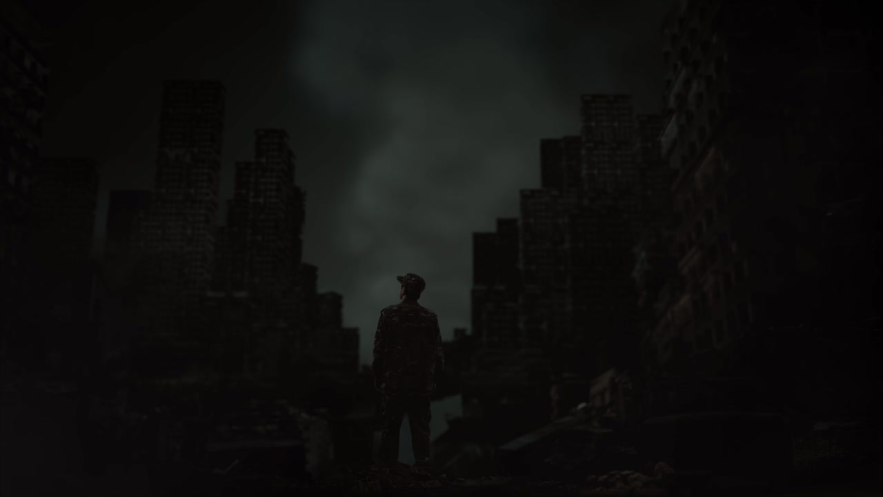 전쟁이 끝난 후 폐허가 된 도시 한가운데 서 있는 아시아 남성 군인이 주위를 둘러보는 전체 몸의 뒷면