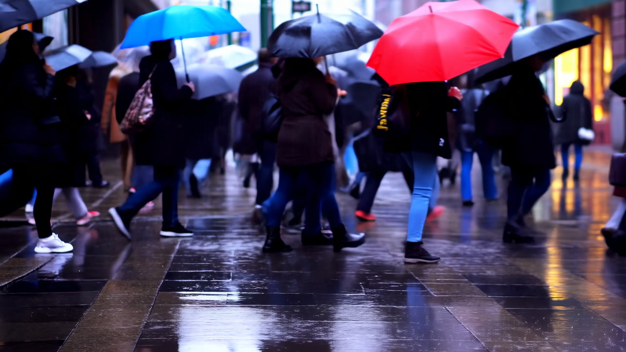 Crowded City Crosswalk With Umbrellas, Reflections On Wet Pavement, Evening Commuters Rushing Across Glossy