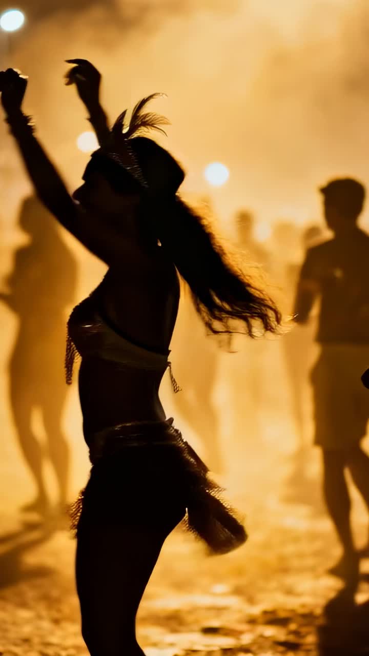 Video verticale: Ballerino/a che avanza dopo l'inizio della parata di notte, con corona e paillettes
