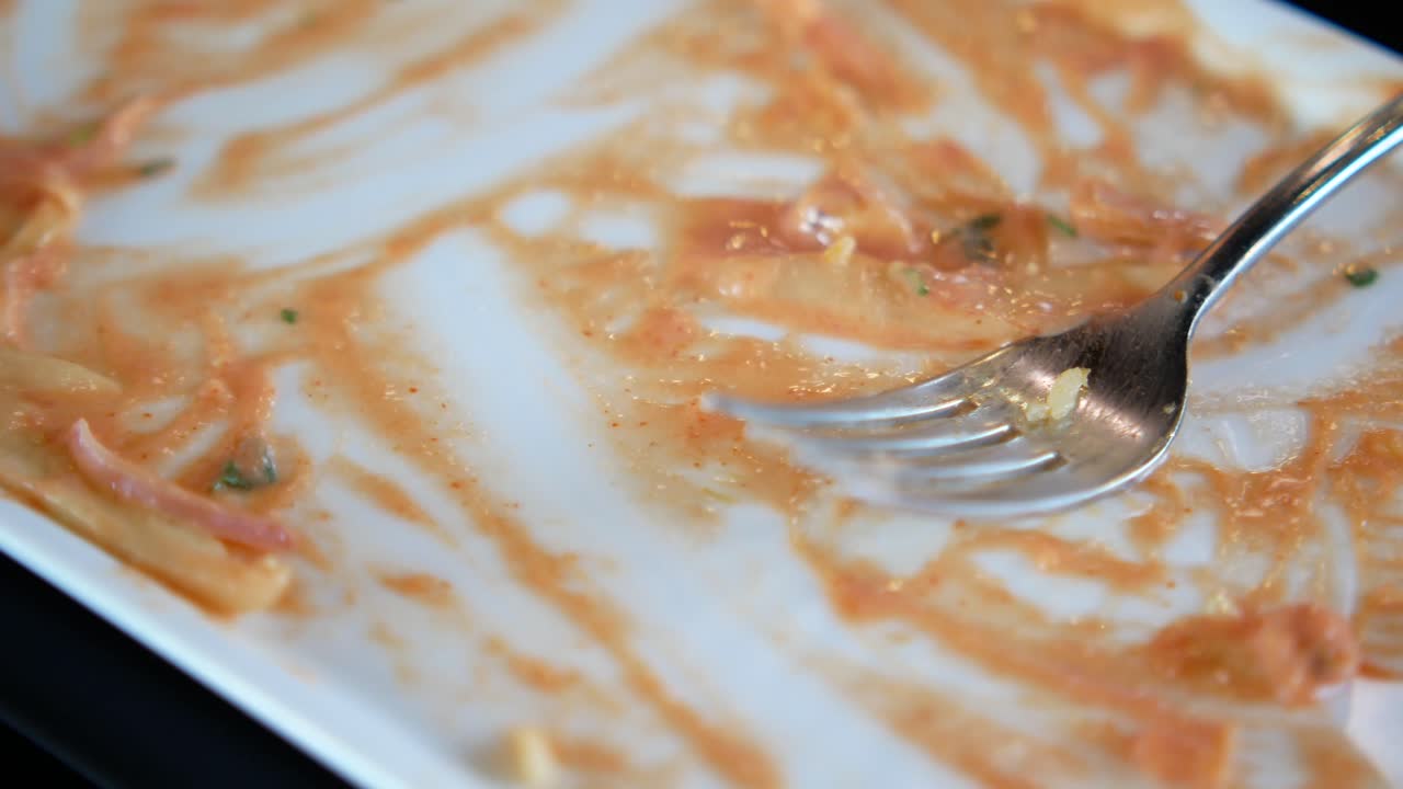 남은 소스와 포크가 있는  빈 접시