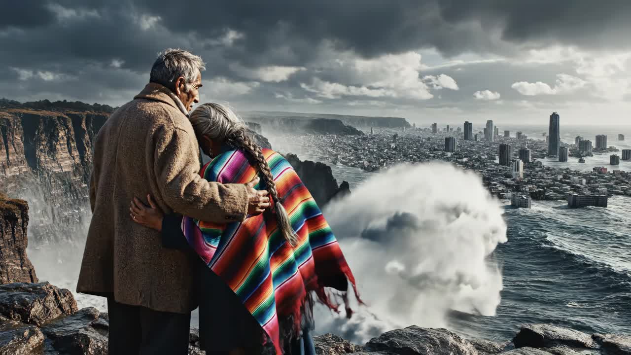 Elderly Couple Overlooking Stormy Sea and Urban Skyline