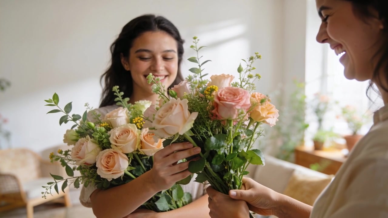 Donna a destra che offre rose rosa, donna al centro che le riceve, sistemandole per un regalo in salotto