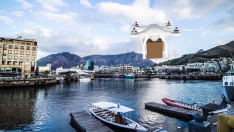 drone carrying a box in a port