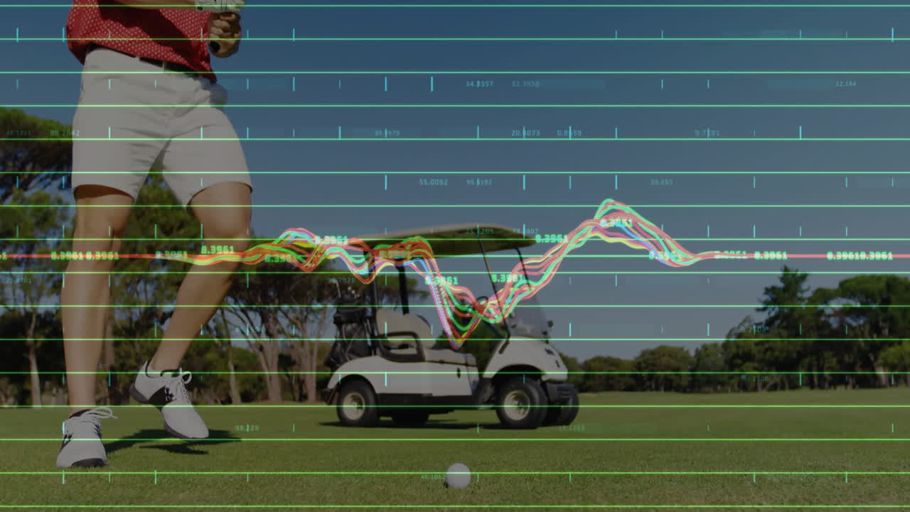 Male golfer standing on putting green, with motion line graphs and grid lines tracking sports data