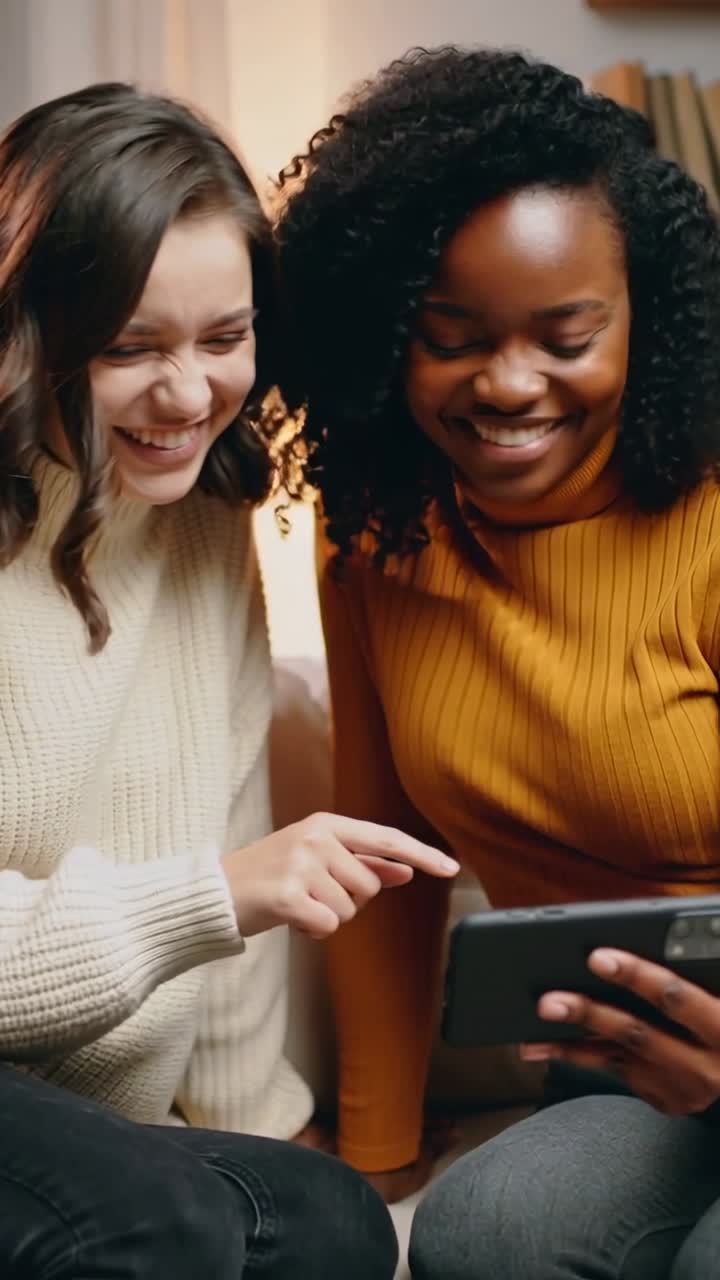 Pointing friends wearing sweaters laughing and tapping smartphone on couch with lamp and bookshelf