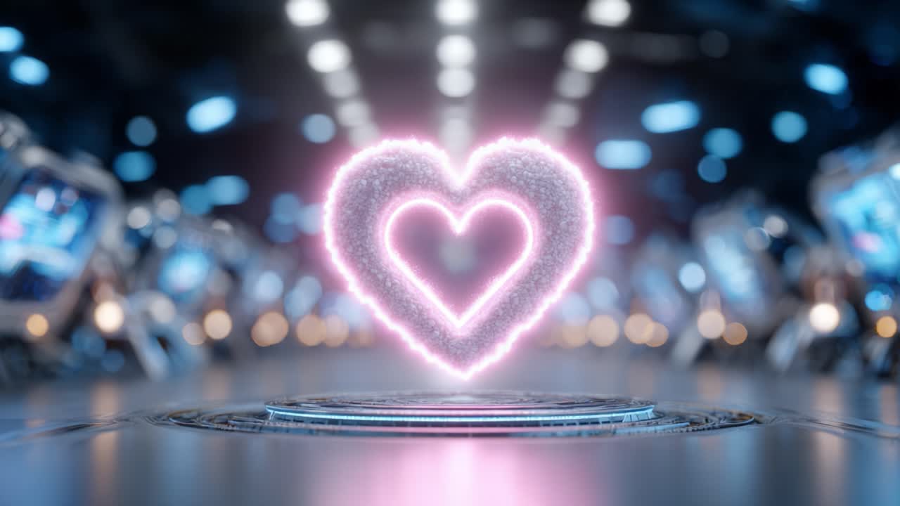 A Beautiful Heart-Shaped Light Display Appears in a Futuristic Environment, Capturing the Essence of Love and Technology in Its Vibrant Glow