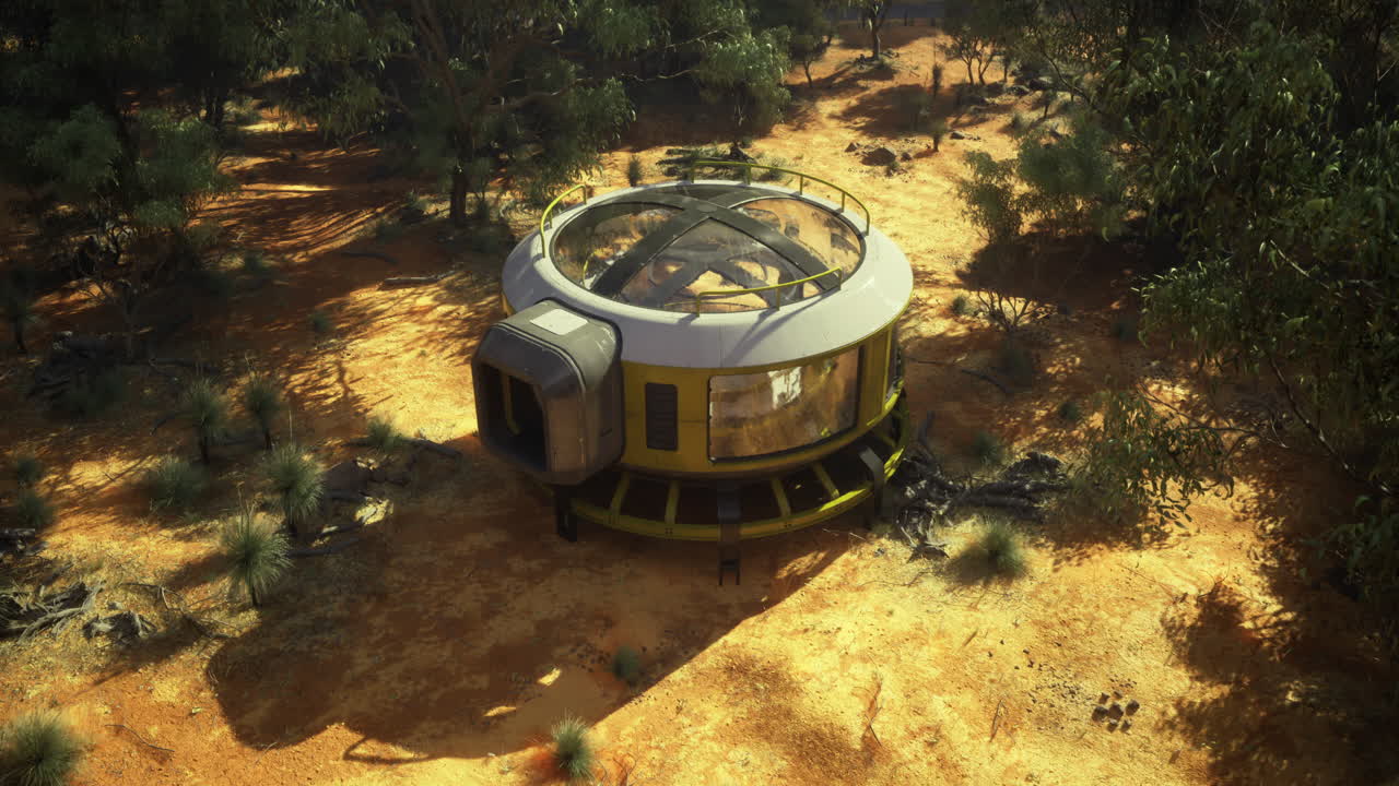 Modern circular structure in desert landscape surrounded by greenery