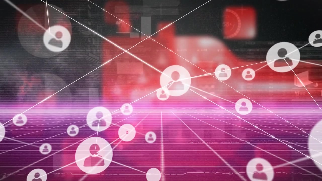 Animazione di una rete di connessioni con icone su una donna d'affari che utilizza un visore VR