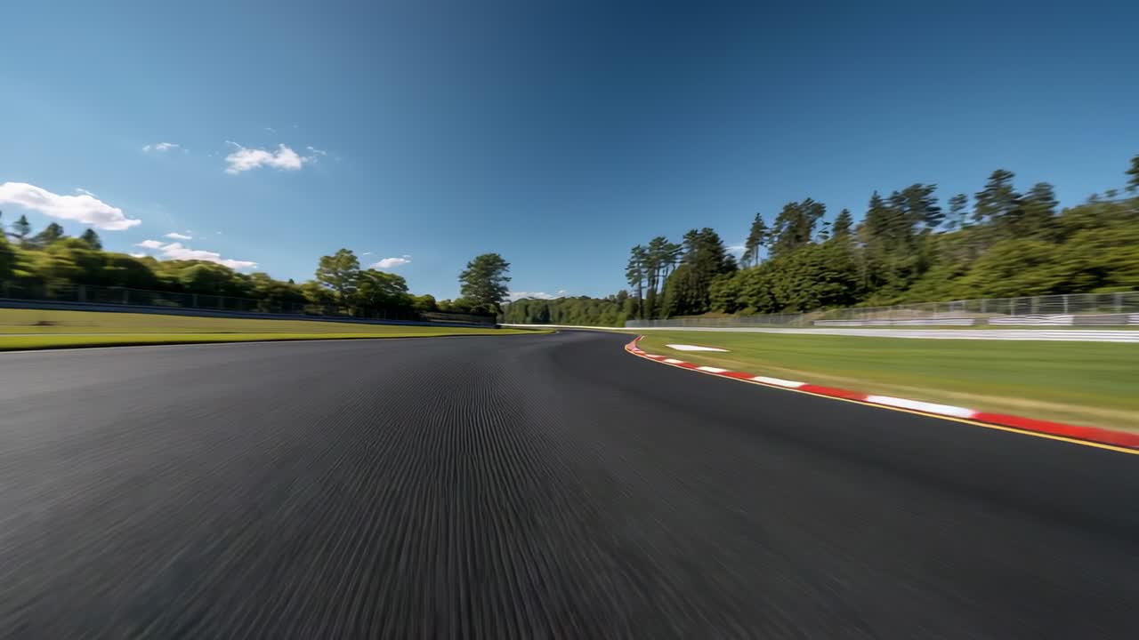 Curva que se aproxima, cámara baja capturando un coche que mantiene el vértice y luego sale sobre el asfalto, con bordillos.