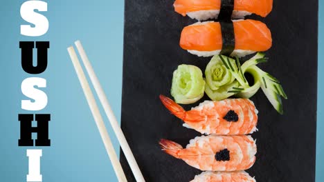 animación de sushi y plato de sushi con palos en fondo azul