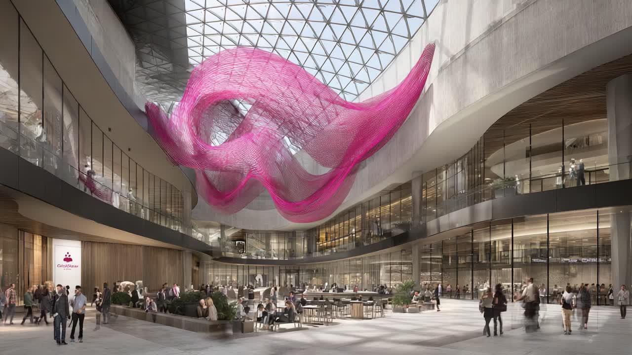 A Stunning Modern Interior Featuring a Striking Pink Artwork Hanging from a Glass Ceiling, Showcasing a Vibrant Atmosphere and Lively Engagement in the Space Below