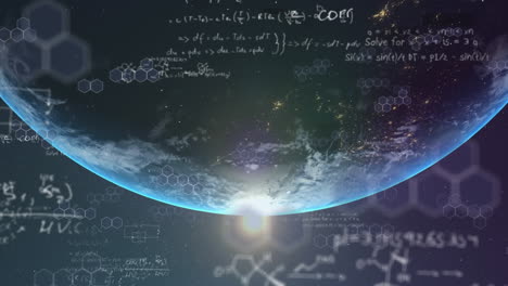 mathematical equations and chemical structures floating over globe against blue background